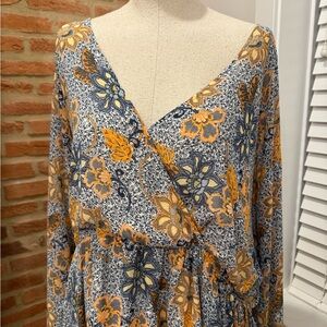 Golden Yellow and Blue Long Sleeve Sundress with V-neck and Bishop Sleeves